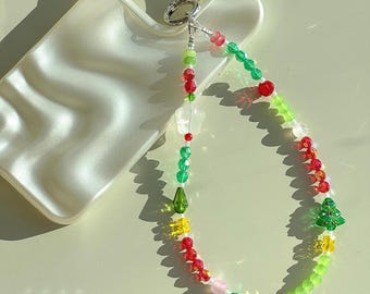 Colgante para teléfono con cuentas de árbol de Navidad hecho a mano / Correa festiva