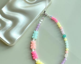 Colgante para teléfono de osito de goma / Accesorio kawaii con cuentas en tonos pastel