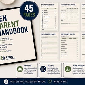 Può includere: Un manuale digitale per genitori SEN di 45 pagine che include una lista di controllo della routine quotidiana, un tracker della routine mattutina, un registro delle crisi, un pianificatore EHCP, un tracker delle prove e un registro scolastico.