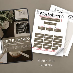 May include: A digital tablet displaying a guide titled Niche Down: Become a Problem Solver alongside printed worksheets labeled Worksheet 6 and Worksheet 7c. The documents feature charts for identifying pain points and product ideas with MRR and PLR rights.