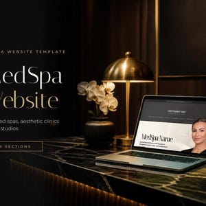 May include: A Canva website template for med spas, aesthetic clinics, and skin studios featuring 10 sections. The text reads: Canva Website Template, MedSpa Website, For med spas, aesthetic clinics & skin studios, 10 Sections.