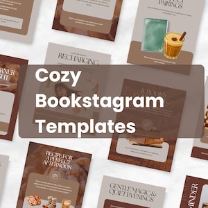 May include: A collection of digital social media templates featuring a brown and beige color palette with book-themed graphics, including illustrations of books, a warm beverage, and text overlays such as Cozy Bookstagram Templates.