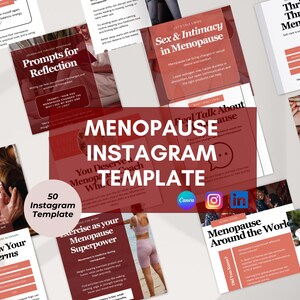 Pode incluir: Um conjunto de modelos para Instagram em vermelho e branco, com foco na menopausa. Os modelos incluem textos como "Prompts for Reflection", "Sex & Intimacy in Menopause" e "Exercise as your Menopause Superpower".