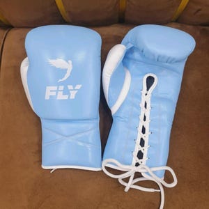 Può includere: Un paio di guantoni da boxe azzurri con dettagli bianchi. I guantoni presentano un design allacciato e la parola "FLY" è stampata su un guantone, insieme a una grafica di un uccello bianco. I guantoni sono realizzati in materiale liscio.