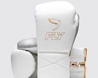 Leren bokshandschoenen: Superlace X Fly, wit, goud, zilver op maat gemaakt