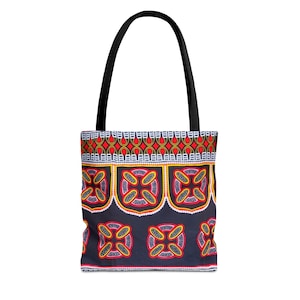 May include: A tote bag featuring a black background with a repeating pattern of stylized cross shapes in red, yellow, and white. The top section displays a horizontal border of red and white teardrop motifs. The bag has two black shoulder straps.