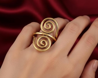 Gold Double Spiral Ring, Ancient Greek Style Coil Ring, Adjustable Statement Jewelry, Boho Wire Wrapped Ring, Large Swirl Ring for Women