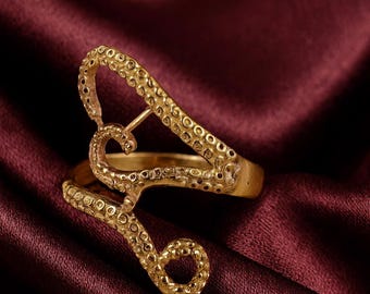 Unique 18K Gold Octopus Tentacle Ring, Handcrafted Nautical Statement Jewelry, Adjustable Kraken Sea Life Ring, Bold Ocean Inspired Gift For