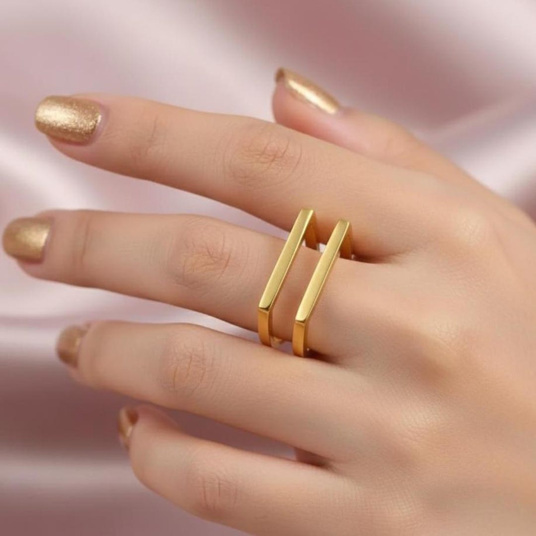 Parallel Rings Gold Geometric Square Double Band Ring, Minimalist Open Statement ...