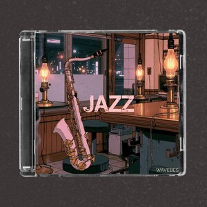 Könnte beinhalten: Eine CD-Hülle mit einer illustrierten Szene eines Saxophons in einem schwach beleuchteten Raum mit warm leuchtenden Lampen. Das Wort JAZZ ist in großen weißen Buchstaben in der Mitte gedruckt und der Text WAVEBES erscheint unten rechts.