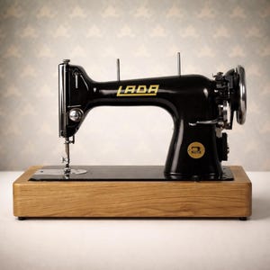 Könnte beinhalten: Eine schwarze Vintage-Nähmaschine von LADA mit goldenen Buchstaben und Akzenten, montiert auf einem hellbraunen Holzsockel. Die Maschine verfügt über eine Nadel, Fadenführungen und ein Handrad. Der Hintergrund ist gemustert und neutral.