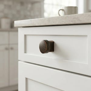 May include: A round, dark bronze-colored cabinet knob with a smooth, metallic finish. The knob is attached to the center of a white, rectangular drawer front, featuring a simple, cylindrical shape that protrudes from the flat surface of the drawer.