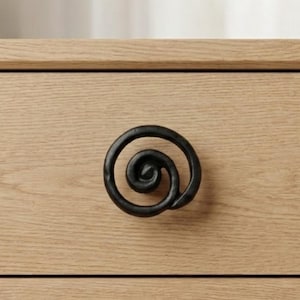 May include: Close-up of a black, spiral-shaped drawer pull. The pull is made of metal and is mounted on a light-colored wooden drawer. The design is a simple, yet elegant, decorative element for furniture.
