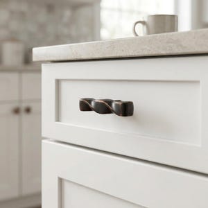 May include: A dark bronze cabinet pull with a twisted, rope-like design attached to a white shaker-style drawer. The hardware features a metallic finish with subtle highlights, contrasting against the clean, flat surface of the white cabinetry.