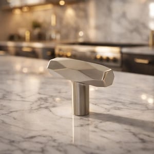May include: A brushed nickel cabinet pull with a faceted, geometric design. The handle has a cylindrical base and a multi-sided, oblong top. The hardware is set against a marble countertop in a kitchen setting.