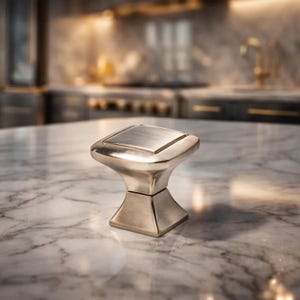May include: A brushed nickel cabinet knob with a square top and a flared base. The hardware is designed for kitchen or bathroom cabinetry. The knob is shown on a marble countertop.