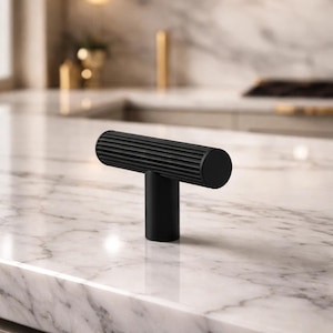 Zinc Matte Black Ribbed T-Bar Cabinet Knob Sleek Modern Door Drawer Pull Kitchen Cabinet Dresser Handle Furniture Knob Set