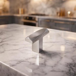 May include: A silver cabinet knob with a geometric design. The knob is T-shaped with a rectangular base and a curved, faceted top. It is set against a marble countertop in a kitchen setting.