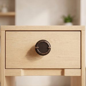 May include: Close-up of a light-colored wooden nightstand drawer with a dark bronze-colored circular handle. The drawer is centered and the handle is in the middle. The wood grain is visible. The nightstand is in a bedroom setting.