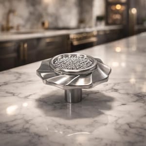 May include: A brushed metal cabinet knob with a unique design. The knob features a circular top filled with small, silver spheres, and a fluted, flower-like base. The knob is mounted on a short, cylindrical post. The background is a marble countertop.