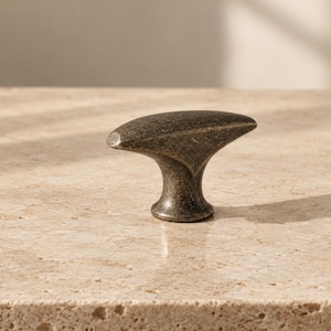 May include: A T-shaped cabinet knob with a dark, weathered bronze finish. The hardware features a smooth, elongated top bar that tapers at both ends, connected to a cylindrical base that widens slightly at the bottom for a stable mounting.