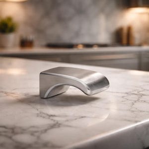 May include: A brushed nickel cabinet pull with a curved handle. The hardware is mounted on a white marble countertop. The kitchen cabinet pull has a modern design and is made of metal.