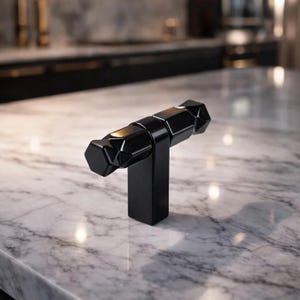 Zinc Matte Black Geometric T-Bar Cabinet Knob Faceted Hexagonal Modern Door Drawer Pull Kitchen Cabinet Dresser Handle Furniture Knob Set