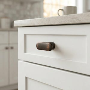 May include: A horizontal, oval-shaped cabinet knob with a dark, brushed bronze finish. The knob is mounted on the center of a white, flat-panel drawer front. The surface of the knob features subtle metallic highlights and a smooth, rounded profile.