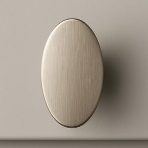 May include: A brushed nickel oval cabinet knob. The hardware has a smooth, oval shape with a slightly rounded edge. The finish is a muted silver-gold color, and the surface has a subtle, vertical grain.