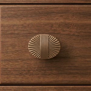 May include: Close-up of a bronze-colored oval cabinet knob with a sunburst design. The knob is mounted on a dark brown wooden cabinet door. The knob's design features vertical lines in the center and radiating lines around the edges.