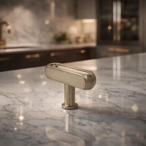 May include: A brushed brass cabinet pull with a rectangular handle and a cylindrical base. The handle has three parallel grooves. The pull is mounted on a white and gray marble countertop. The kitchen in the background is out of focus.