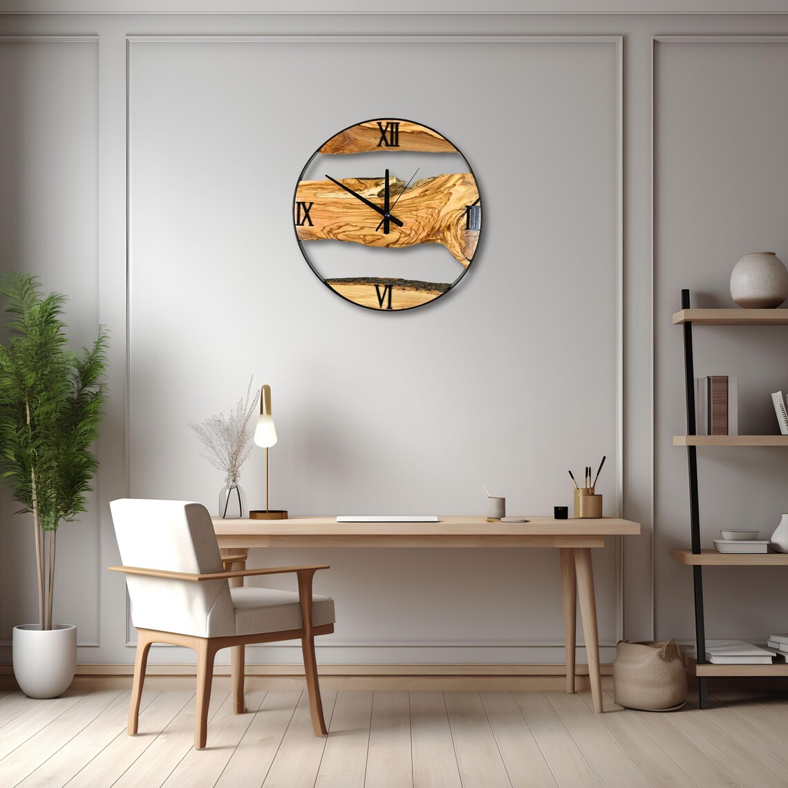Olive Wood Wall Clock With Metal Frame, Round Rustic Live Edge Clock ...