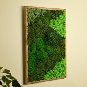 May include: A rectangular wall art piece featuring a vibrant arrangement of preserved moss in varying shades of green. The moss is set within a natural wood frame, creating a textured, natural aesthetic. The artwork is designed to be hung on a wall.