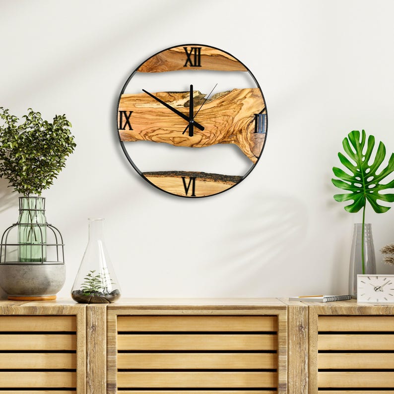 Olive Wood Wall Clock With Metal Frame, Round Rustic Live Edge Clock ...