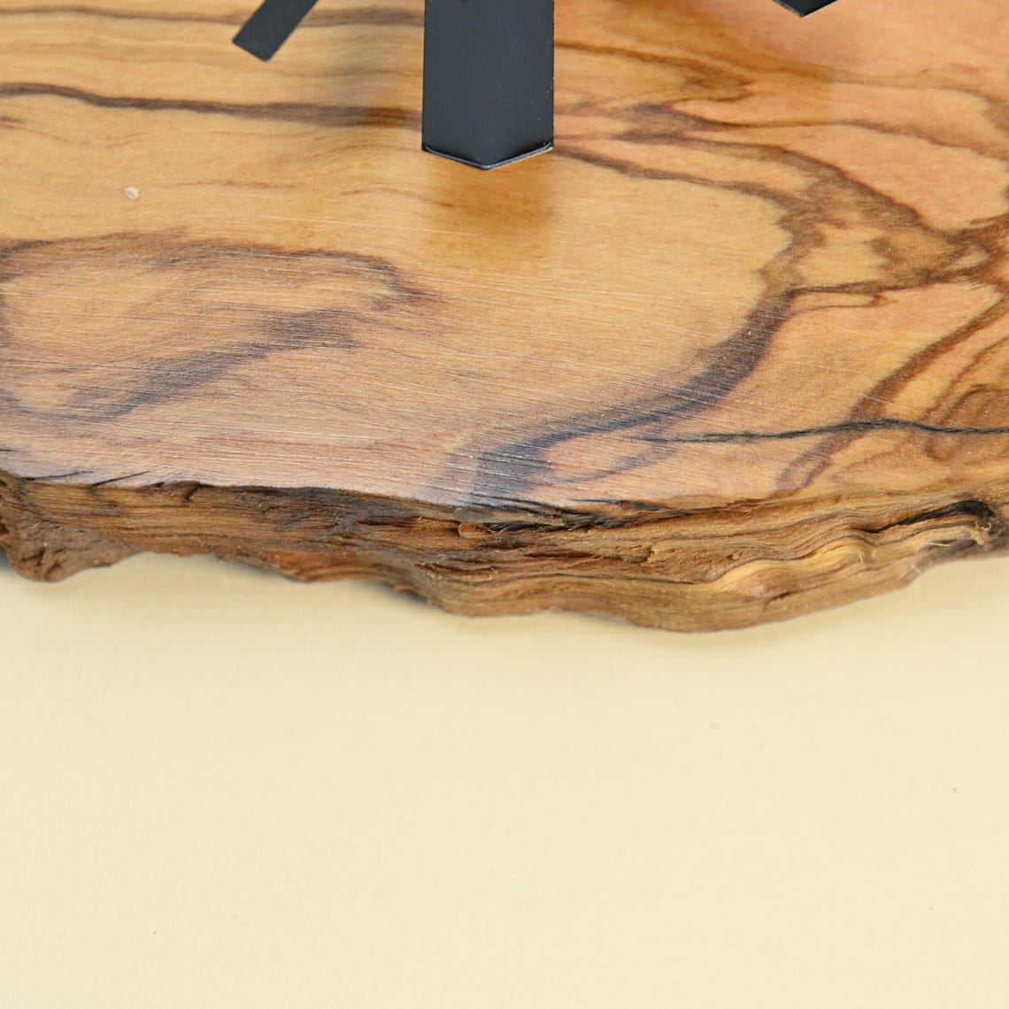 Olive Wood Wall Clock With Metal Frame, Round Rustic Live Edge Clock ...