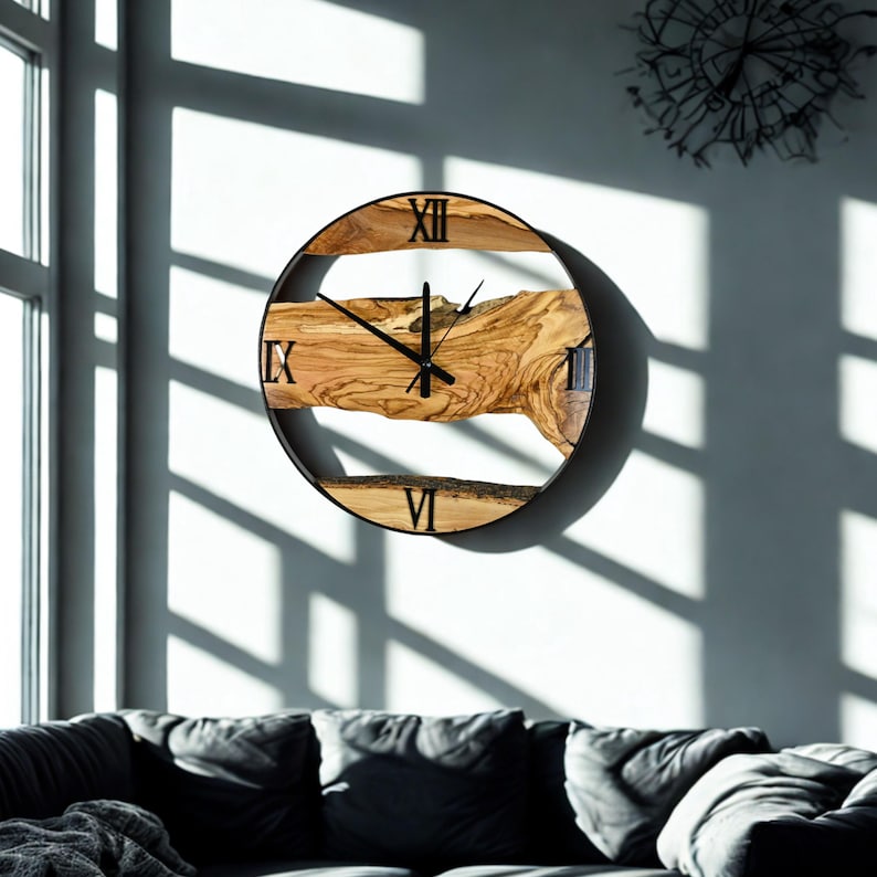 Olive Wood Wall Clock With Metal Frame, Round Rustic Live Edge Clock ...