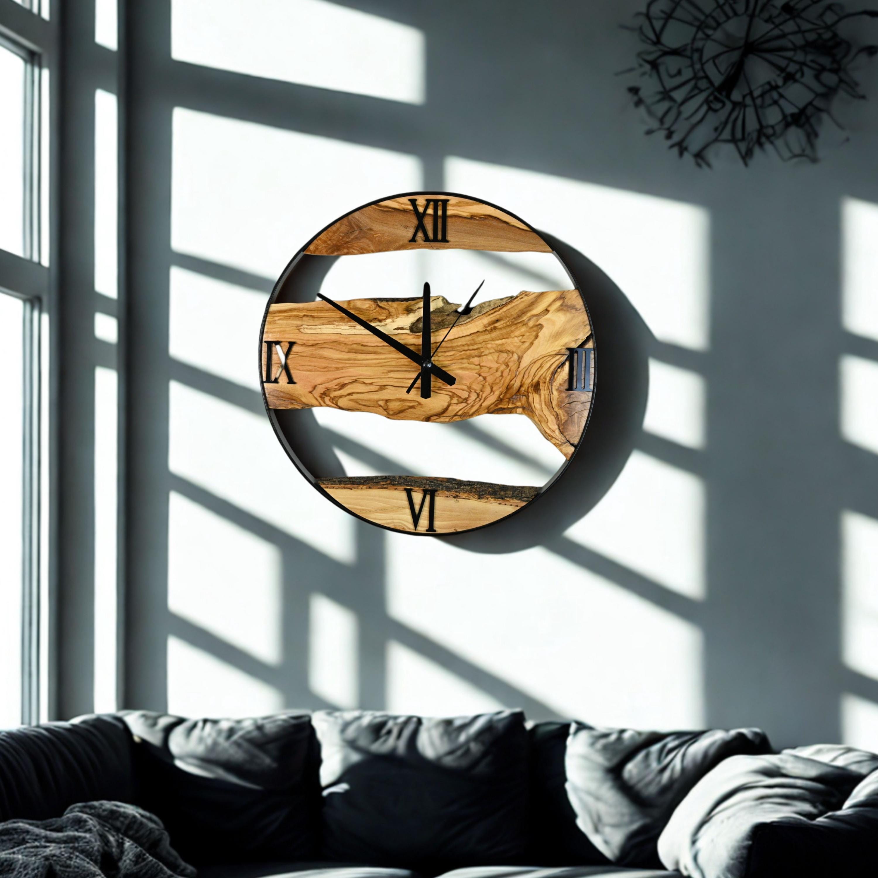 Olive Wood Wall Clock With Metal Frame, Round Rustic Live Edge Clock ...