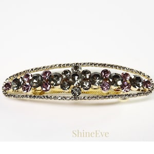 Crystal Rhinestone Barrette: Oval Gold Spring Hair Clip