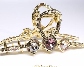 Crystal Statement Hair Claw Clip – Gold Metal, Glass Gemstones, Holiday Gift-Ready Elegant Hair Accessory