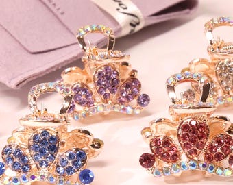 Pince à Cheveux Barrette Claw Dorée Avec Fleurs Bleues Et Cristaux – Tendance Vintage Chic