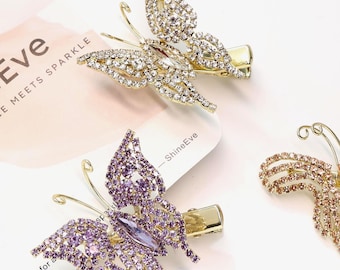 Pinza para el cabello con mariposa en movimiento, pasador de mariposa con diamantes de imitación, detalle dorado