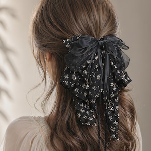 Elegant Bow Hair Clip with Crystal Drops, Long Ribbon Ponytail Clip, Sheer Organza Bow Barrette, Flowing Hair Accessory for Women