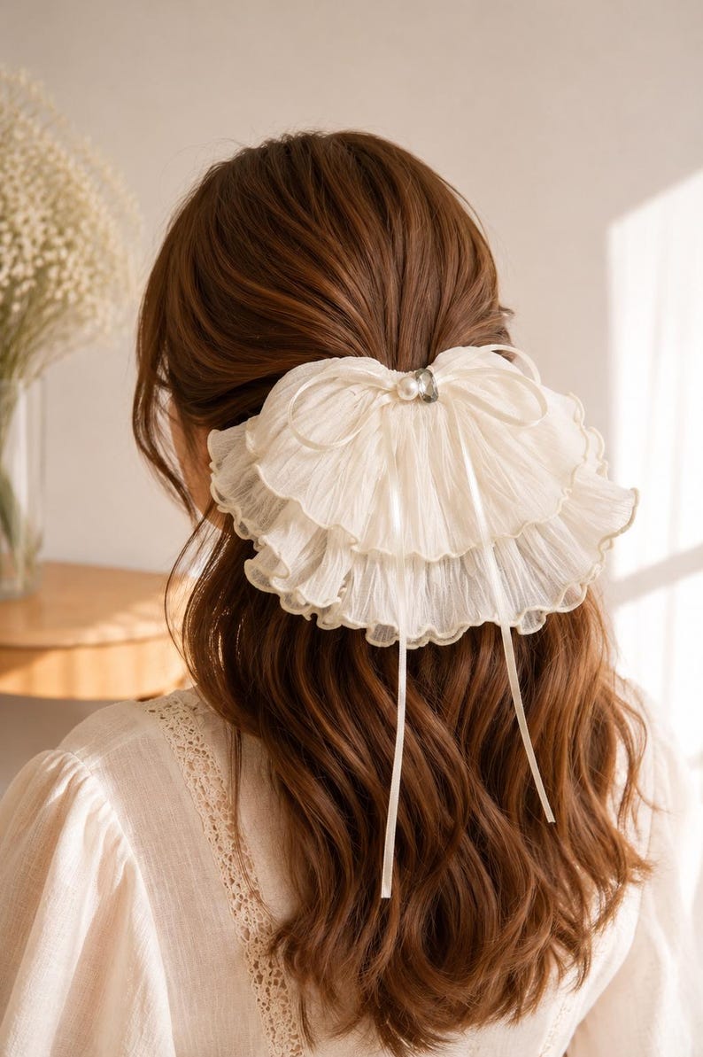 May include: A cream-colored hair accessory featuring layered, ruffled fabric in a fan shape. The piece is adorned with a central white pearl and a small clear crystal, with two thin ribbons hanging down from the center of the ruffled design.