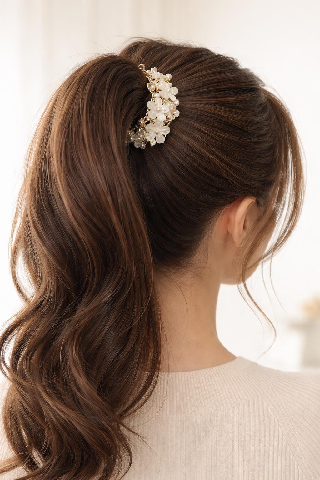 Gold Floral Pearl Ponytail Clip, Crystal Flower Hair  display picture 1