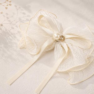 Large Ivory Organza Bow Barrette, Pearl Crystal Hair Clip image 12