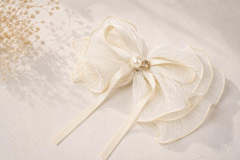 Large Ivory Organza Bow Barrette, Pearl Crystal Hair Clip image 12