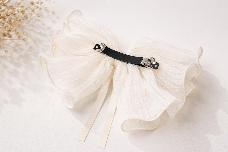 Large Ivory Organza Bow Barrette, Pearl Crystal Hair Clip image 14