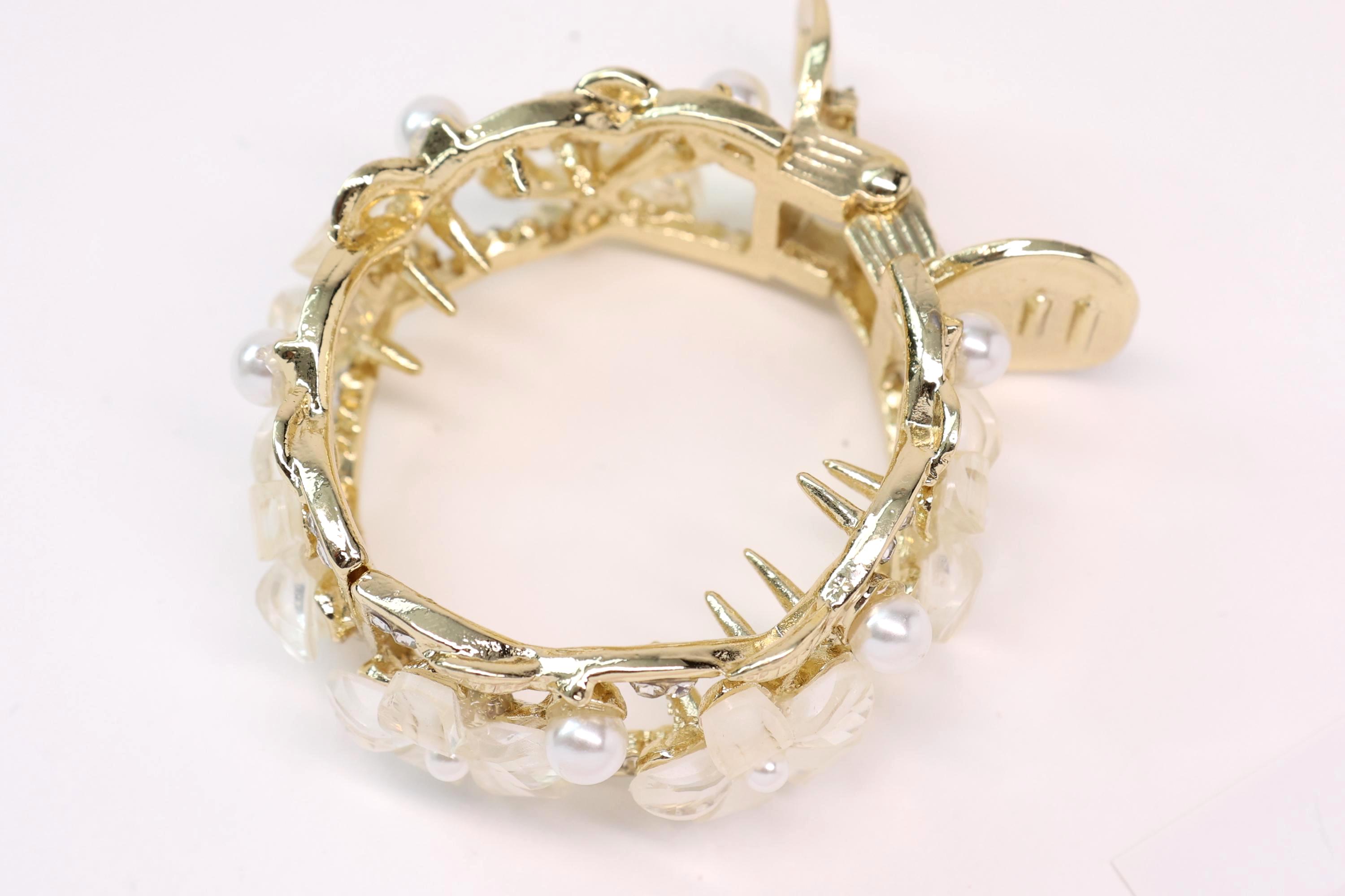 Vintage Adjustable Pearl Floral Gold Tone Hair Ponytail Cage Or Cuff MCM 1940 Hair Cuff, Ponytail Holder, Vintage Barrette, Molded  main image 3