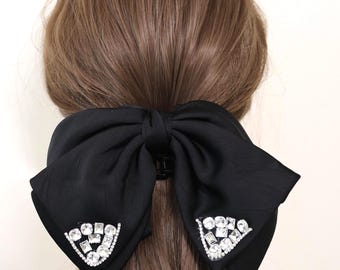 ブラックリボンクロウクリップ、シフォンポニーテールホルダー、ラインストーンヘアアクセサリー