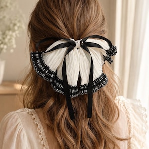 Large Ivory Organza Bow Barrette, Pearl Crystal Hair Clip Noir Trim Ivory